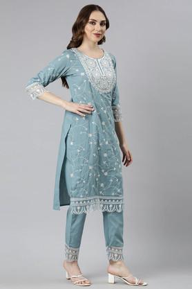 embellished calf length cotton woven women's kurta set - aqua