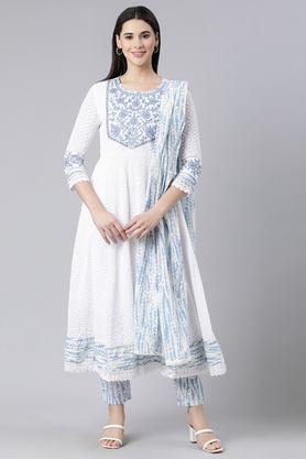embellished calf length cotton woven women's kurta set - blue