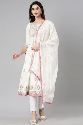 embellished calf length cotton woven women's kurta set - cream