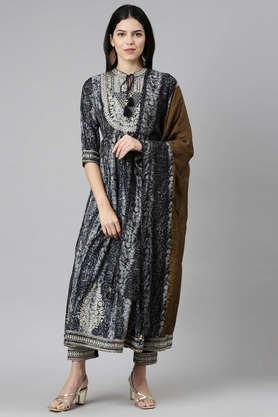 embellished calf length modal woven women's salwar kurta dupatta set - navy