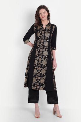 embellished calf length rayon knitted women's kurta set - black