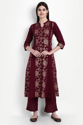 embellished calf length rayon knitted women's kurta set - maroon