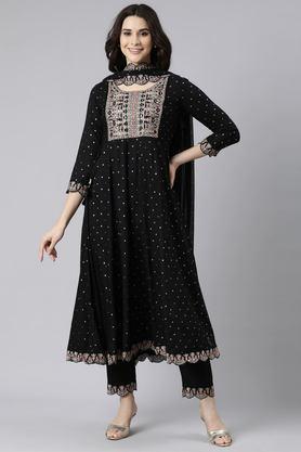 embellished calf length rayon woven women's kurta set - black