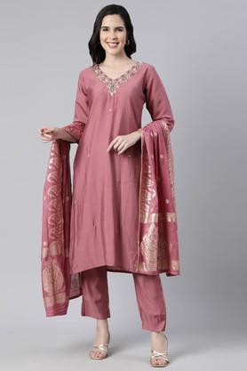 embellished calf length silk woven women's kurta set - pink