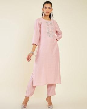 embellished calf-length straight kurta set