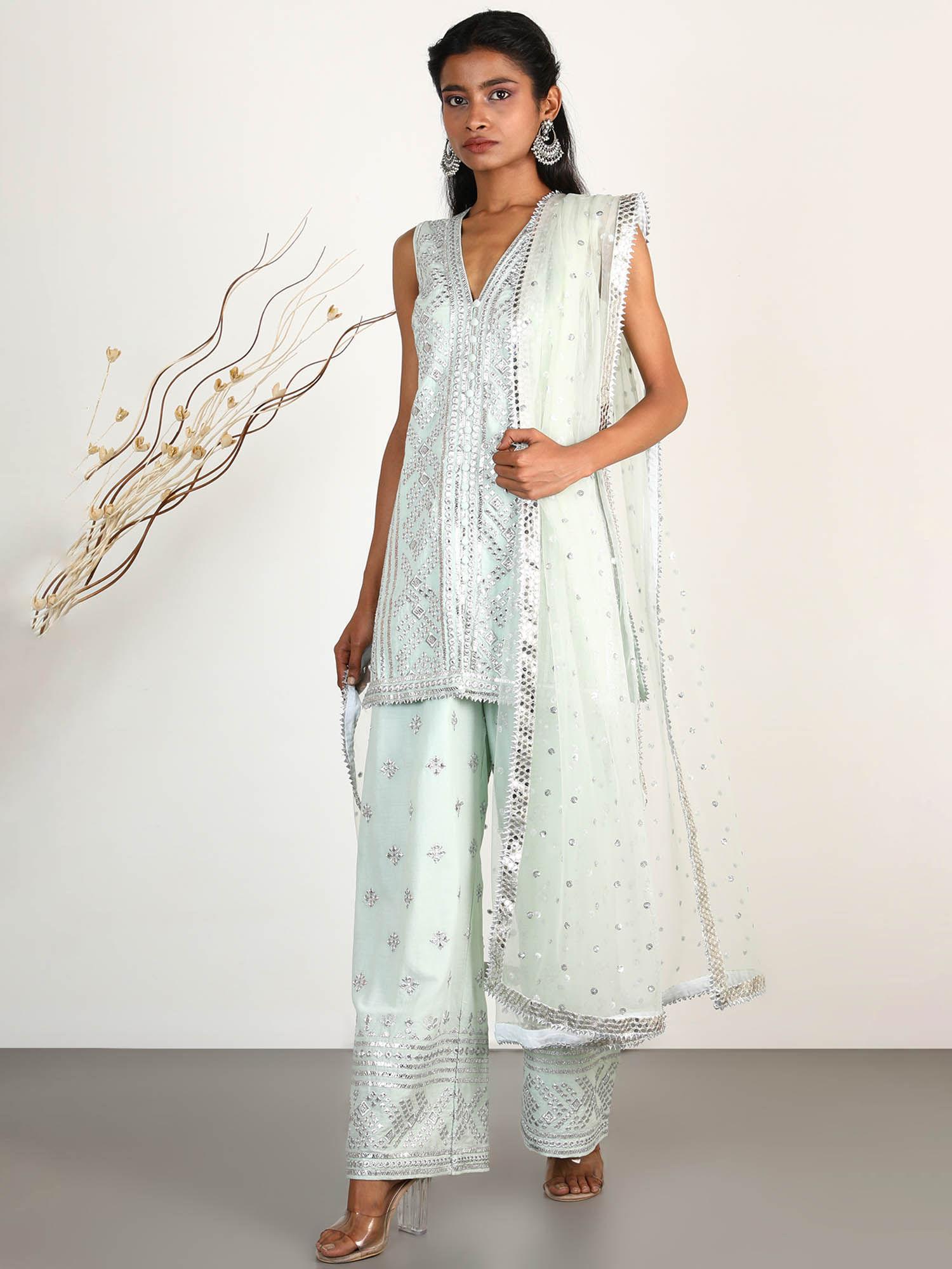 embellished chand sleeveless palazzo and kurta with dupatta (set of 3)