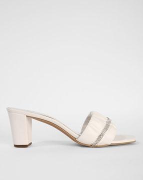 embellished chunky heeled sandals with ruched strap