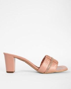 embellished chunky heeled sandals with ruched strap