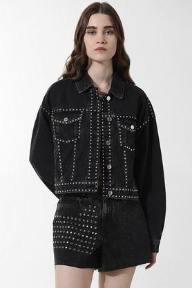 embellished collared cotton women's casual wear jacket - black