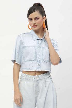 embellished collared cotton women's casual wear shirt - ice blue