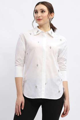 embellished collared cotton women's casual wear shirt - white