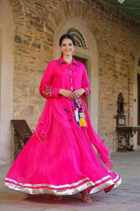 embellished collared silk women's lehenga choli set - pink