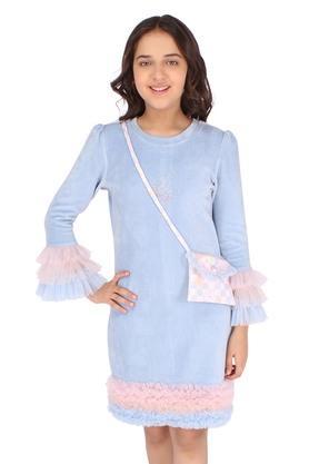 embellished cotrise round neck girls dress - blue