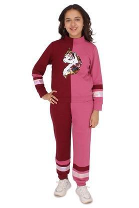 embellished cotton blend mock neck girls track suit - maroon