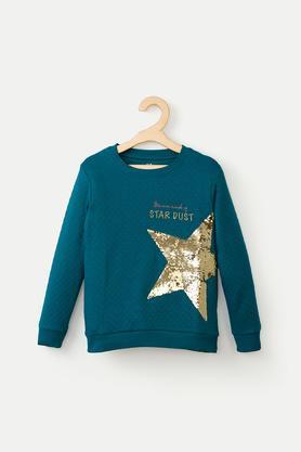 embellished cotton blend round neck girls sweatshirt - green