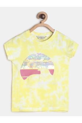 embellished cotton blend round neck girls t-shirt - yellow