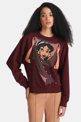 embellished cotton blend round neck women's sweatshirt - chocolate