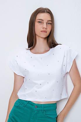 embellished cotton blend round neck women's t-shirt - white