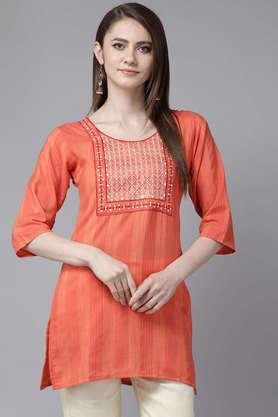 embellished cotton boat neck women's casual wear kurti - red