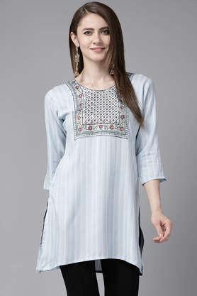 embellished cotton boat neck women's casual wear kurti - sky blue