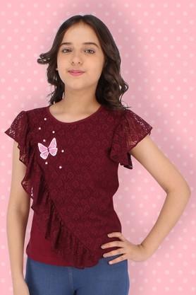 embellished cotton knit & lace fabric round neck girls tops - maroon