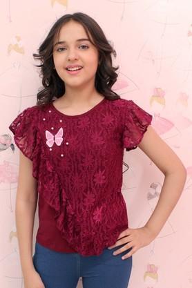 embellished cotton knit & lace fabric round neck girls tops - maroon