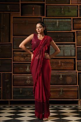 embellished cotton lycra fusion wear women's saree - red