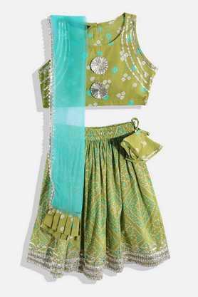 embellished cotton regular fit girls lehenga choli dupatta set - green