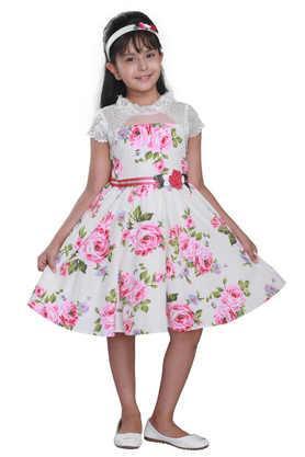 embellished cotton round neck girls casual wear dress - cream