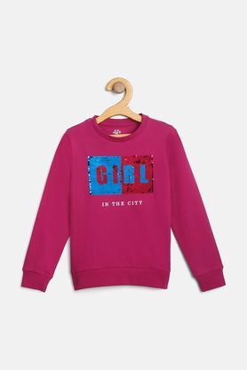 embellished cotton round neck girls sweatshirt - fuschia