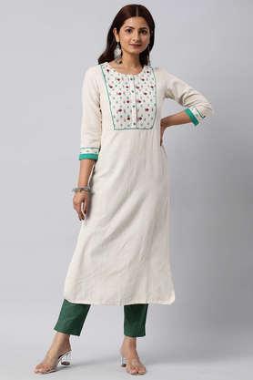 embellished cotton round neck women's casual wear kurta - natural