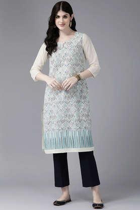 embellished cotton round neck women's casual wear kurti - multi