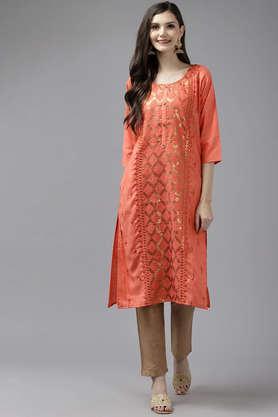 embellished cotton round neck women's casual wear kurti - orange