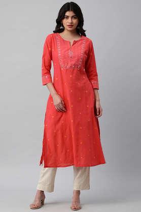 embellished cotton round neck women's festive wear kurta - pink