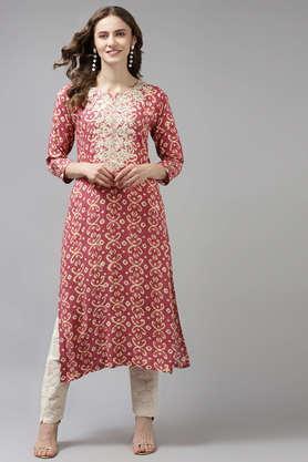 embellished cotton round neck women's festive wear kurti - pink