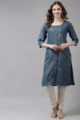 embellished cotton round neck women's party wear kurti - blue