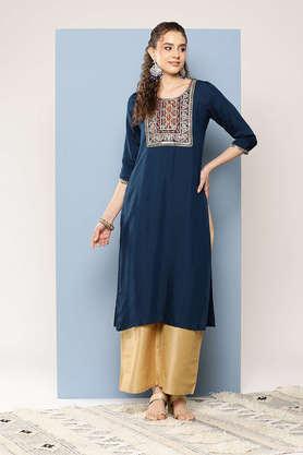 embellished cotton round neck women's party wear kurti - navy