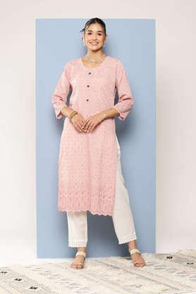 embellished cotton round neck women's party wear kurti - peach