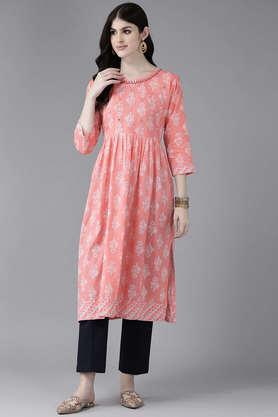 embellished cotton round neck women's party wear kurti - peach