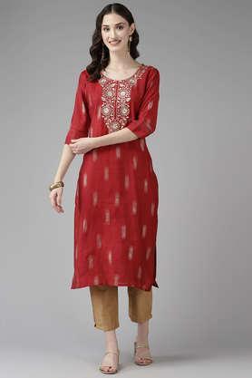 embellished cotton round neck women's party wear kurti - red