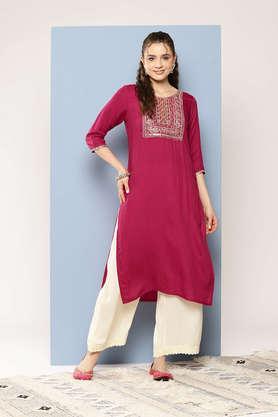 embellished cotton round neck women's party wear kurti - red