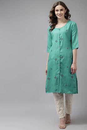 embellished cotton round neck women's party wear kurti - turquoise