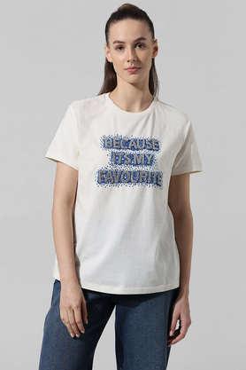 embellished cotton round neck women's t-shirt - white