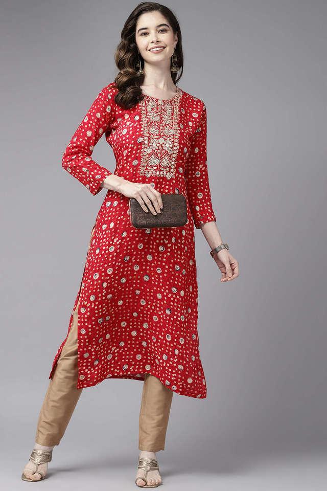 embellished cotton round neck womens party wear kurti