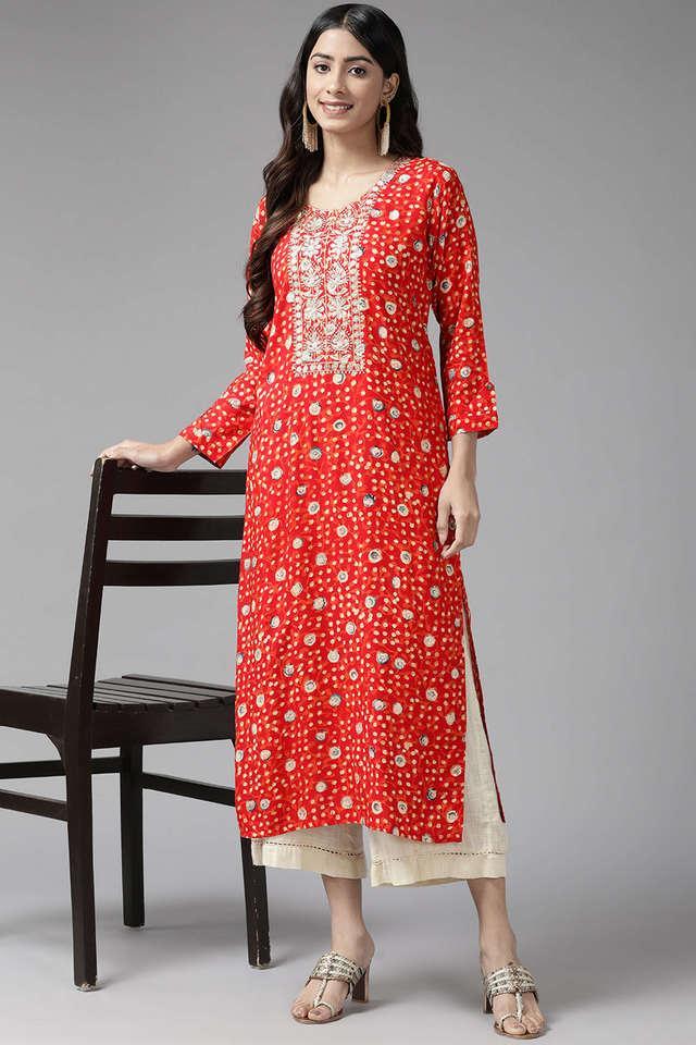 embellished cotton round neck womens party wear kurti