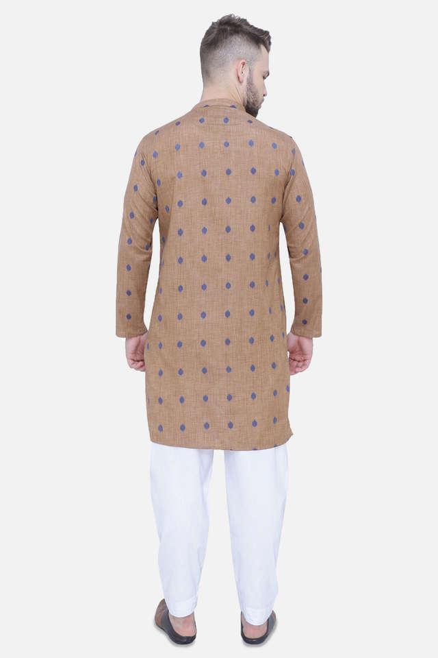 embellished cotton tapered fit men's casual kurta - khaki