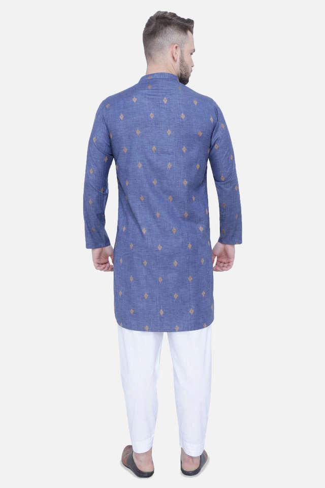 embellished cotton tapered fit men's casual kurta - navy