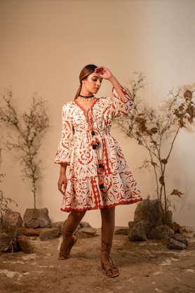 embellished cotton v neck women's knee length dress - natural