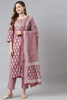 embellished cotton women's kurta palazzo dupatta set - mauve