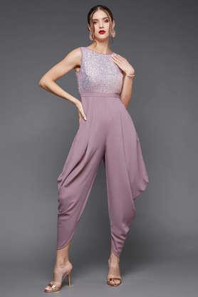 embellished crepe round neck women's jumpsuit - lavender